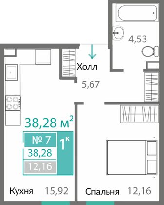 38,3 м², 1-комн. квартира, 1/10 этаж