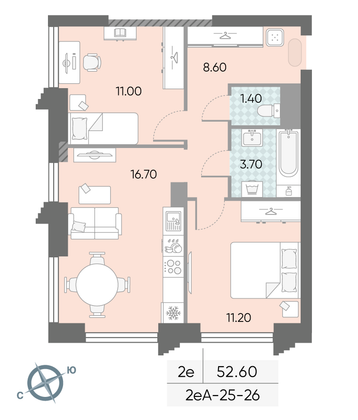 Продажа 2-комнатной квартиры 52,6 м², 26/58 этаж