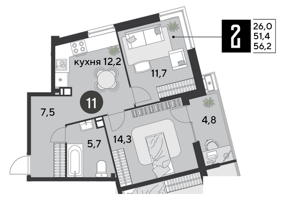 56,2 м², 2-комн. квартира, 3/18 этаж