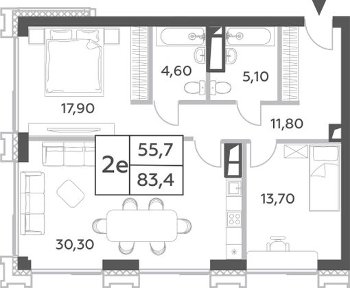 83,4 м², 3-комн. квартира, 7/52 этаж