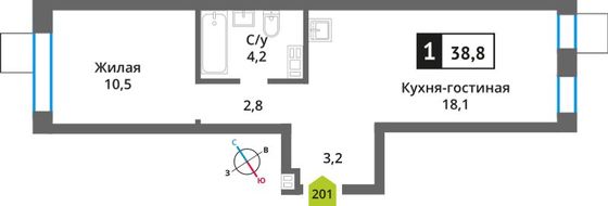 Продажа 1-комнатной квартиры 38,8 м², 4/6 этаж