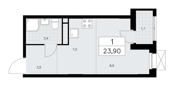 23,9 м², своб. планировка, 10/16 этаж