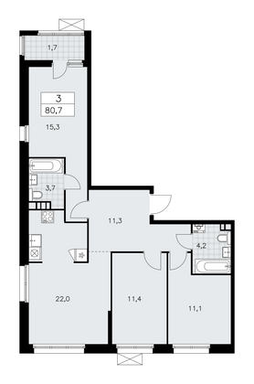 80,7 м², своб. планировка, 3/12 этаж