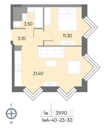 Продажа 1-комнатной квартиры 39,9 м², 25/30 этаж