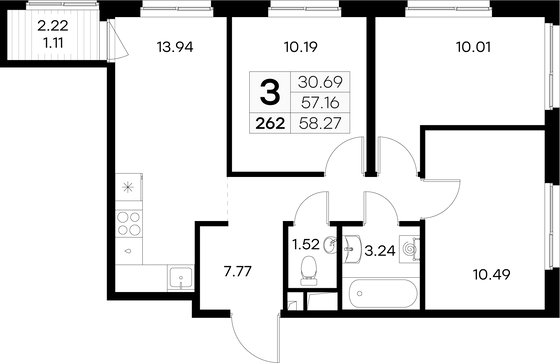 58,3 м², 3-комн. квартира, 3/9 этаж