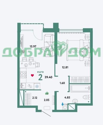 Продажа 1-комнатной квартиры 39,4 м², 27/32 этаж