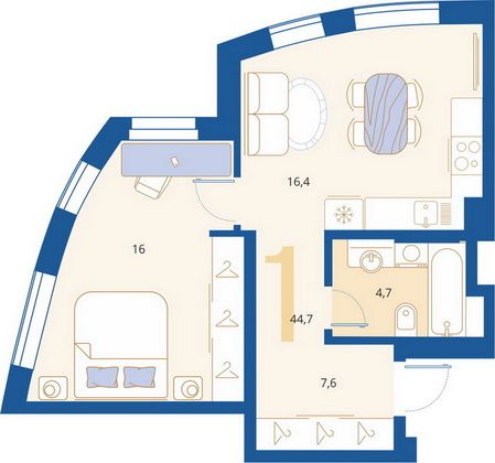 Продажа 1-комнатной квартиры 44,7 м², 1/18 этаж