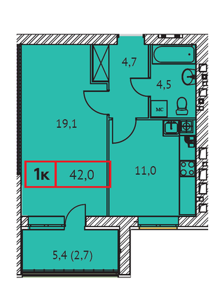 Продажа 1-комнатной квартиры 42 м², 1/9 этаж