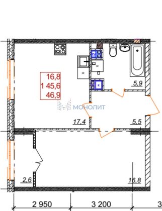 Продажа 1-комнатной квартиры 48,2 м², 11/25 этаж