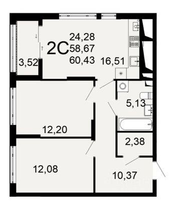 Продажа 2-комнатной квартиры 60,4 м², 14/26 этаж