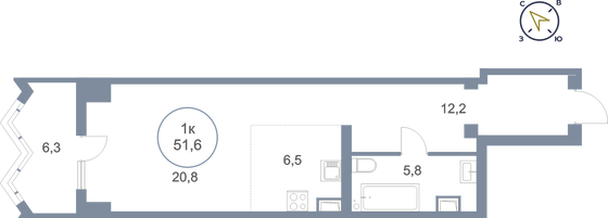 51,6 м², 1-комн. квартира, 21/25 этаж