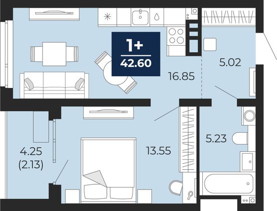 42,6 м², 1-комн. квартира, 11/12 этаж