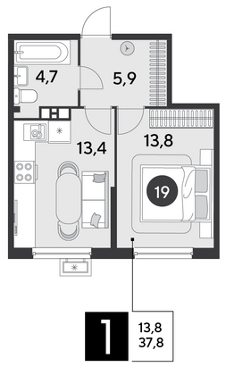 Продажа 1-комнатной квартиры 37,8 м², 3/16 этаж