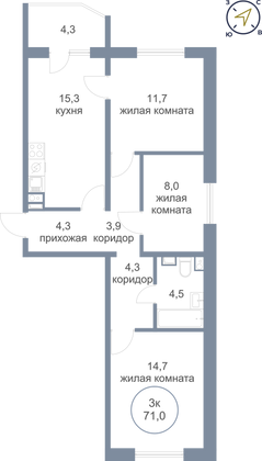 71 м², 3-комн. квартира, 1/16 этаж