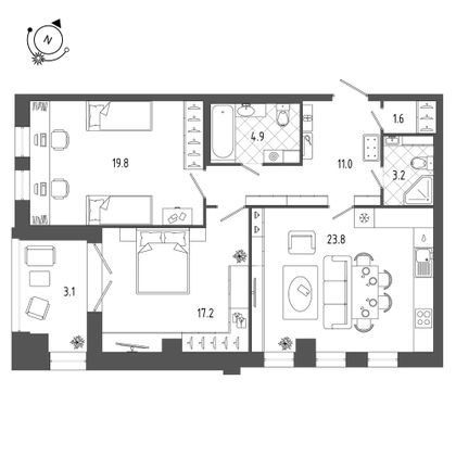 84,7 м², 2-комн. квартира, 6/18 этаж