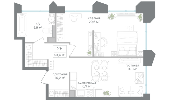 Продажа 1-комнатной квартиры 53,4 м², 8/19 этаж