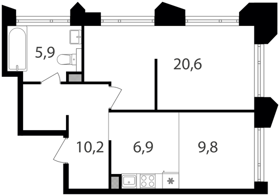 53,4 м², 1-комн. квартира, 8/19 этаж