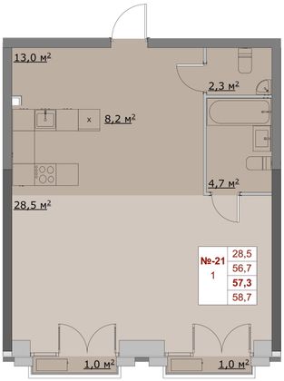 57,3 м², 1-комн. квартира, 2/6 этаж