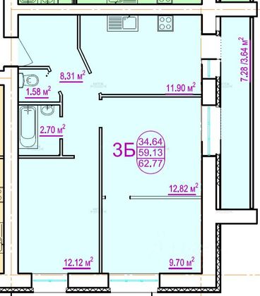 63,3 м², 3-комн. квартира, 1/10 этаж