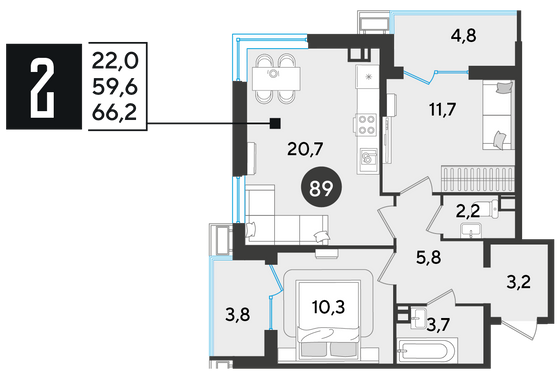 Продажа 2-комнатной квартиры 66,2 м², 3/18 этаж