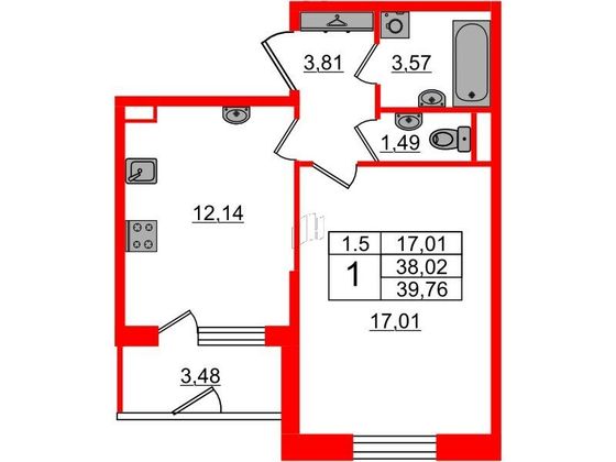 Продажа 1-комнатной квартиры 38 м², 1/5 этаж