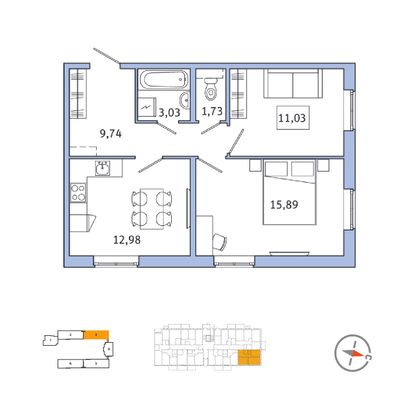 54,4 м², 2-комн. квартира, 1/5 этаж