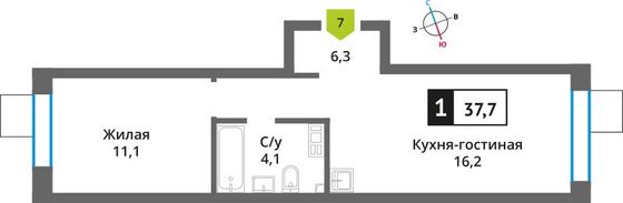 Продажа 1-комнатной квартиры 37,7 м², 2/6 этаж