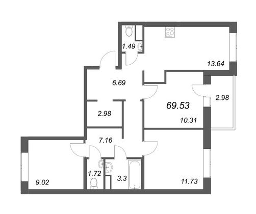 69,5 м², 4-комн. квартира, 6/12 этаж