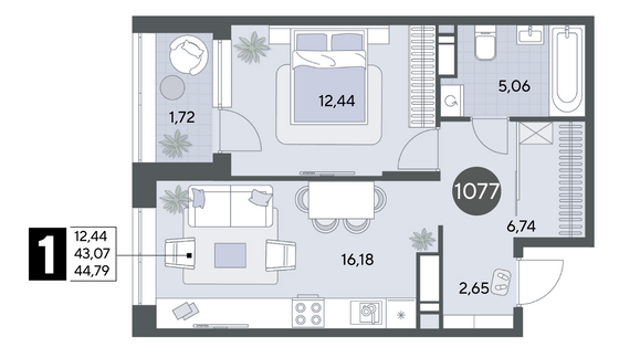 Продажа 1-комнатной квартиры 44,8 м², 1/21 этаж