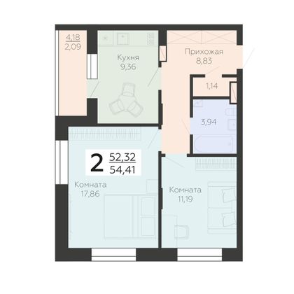 Продажа 2-комнатной квартиры 54,4 м², 16/18 этаж