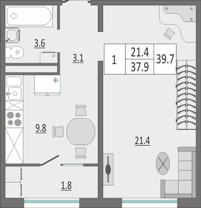 Продажа 1-комнатной квартиры 39,8 м², 8/20 этаж