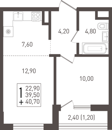 40,7 м², 1-комн. квартира, 1/8 этаж