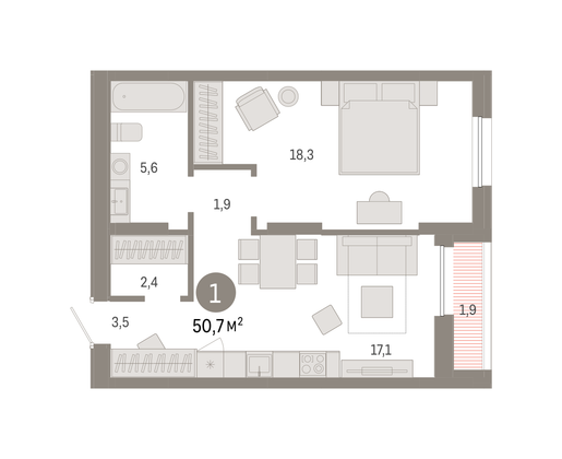 Продажа 1-комнатной квартиры 50,7 м², 9/17 этаж