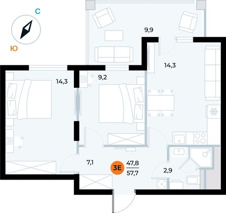 57,7 м², 2-комн. квартира, 2/6 этаж