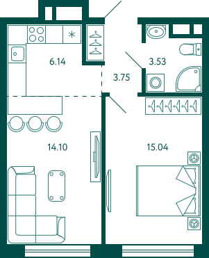 42,6 м², 1-комн. квартира, 13/16 этаж