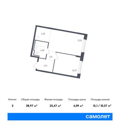 39 м², 1-комн. квартира, 1/8 этаж