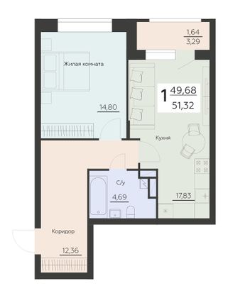 Продажа 1-комнатной квартиры 51,3 м², 4 этаж