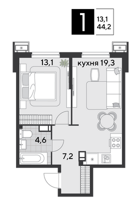 Продажа 1-комнатной квартиры 44,2 м², 4/18 этаж