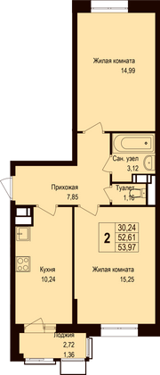 Продажа 2-комнатной квартиры 54 м², 2/6 этаж