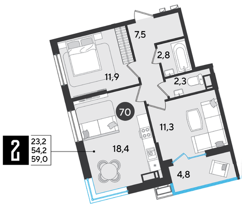 Продажа 2-комнатной квартиры 59 м², 11/16 этаж