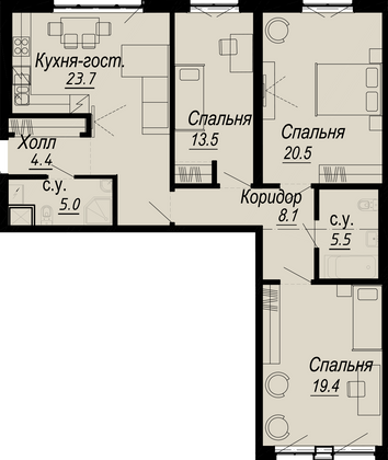 101,9 м², 3-комн. квартира, 3/8 этаж