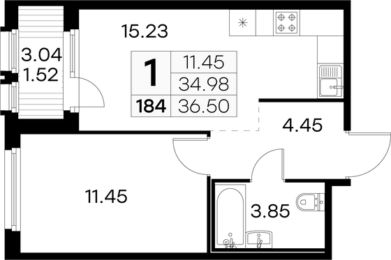 36,5 м², 1-комн. квартира, 5/15 этаж