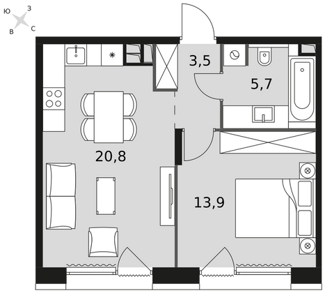 43,9 м², 1-комн. квартира, 2/10 этаж