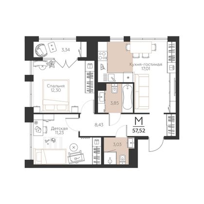 57,5 м², 2-комн. квартира, 5/5 этаж