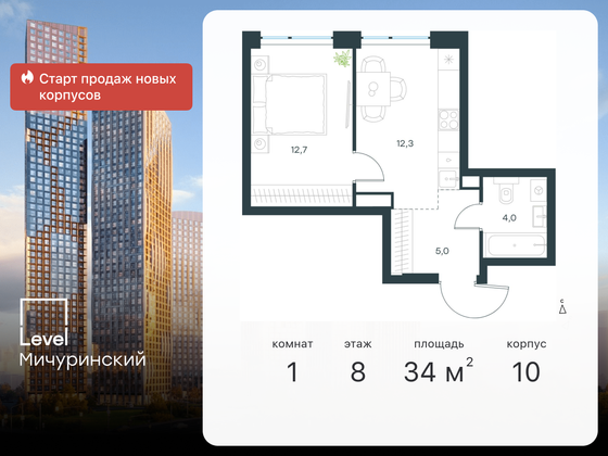 34 м², 1-комн. квартира, 8/42 этаж