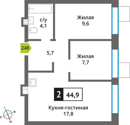 Продажа 2-комнатной квартиры 44,9 м², 2/6 этаж