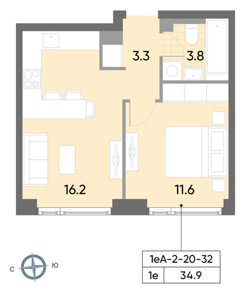 Продажа 1-комнатной квартиры 34,9 м², 27/52 этаж