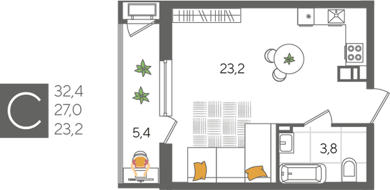 Продажа квартиры-студии 32,4 м², 6/24 этаж