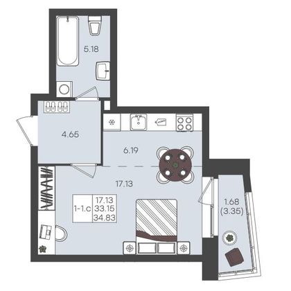 Продажа 1-комнатной квартиры 34,8 м², 14/22 этаж
