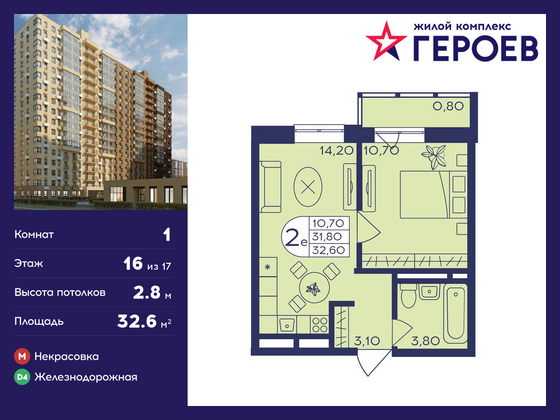 32,6 м², 1-комн. квартира, 16/17 этаж